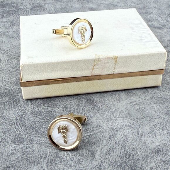 Vintage Foster Caduceus Cufflinks Set Mother of Pearl Gold Tone Medical with Box - Picture 10 of 11